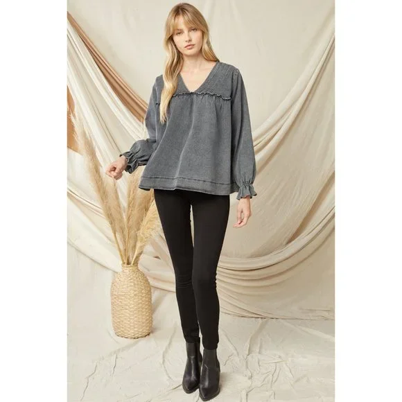 Entro Ruffled V-Neck Top, Black - Picture 4 of 6